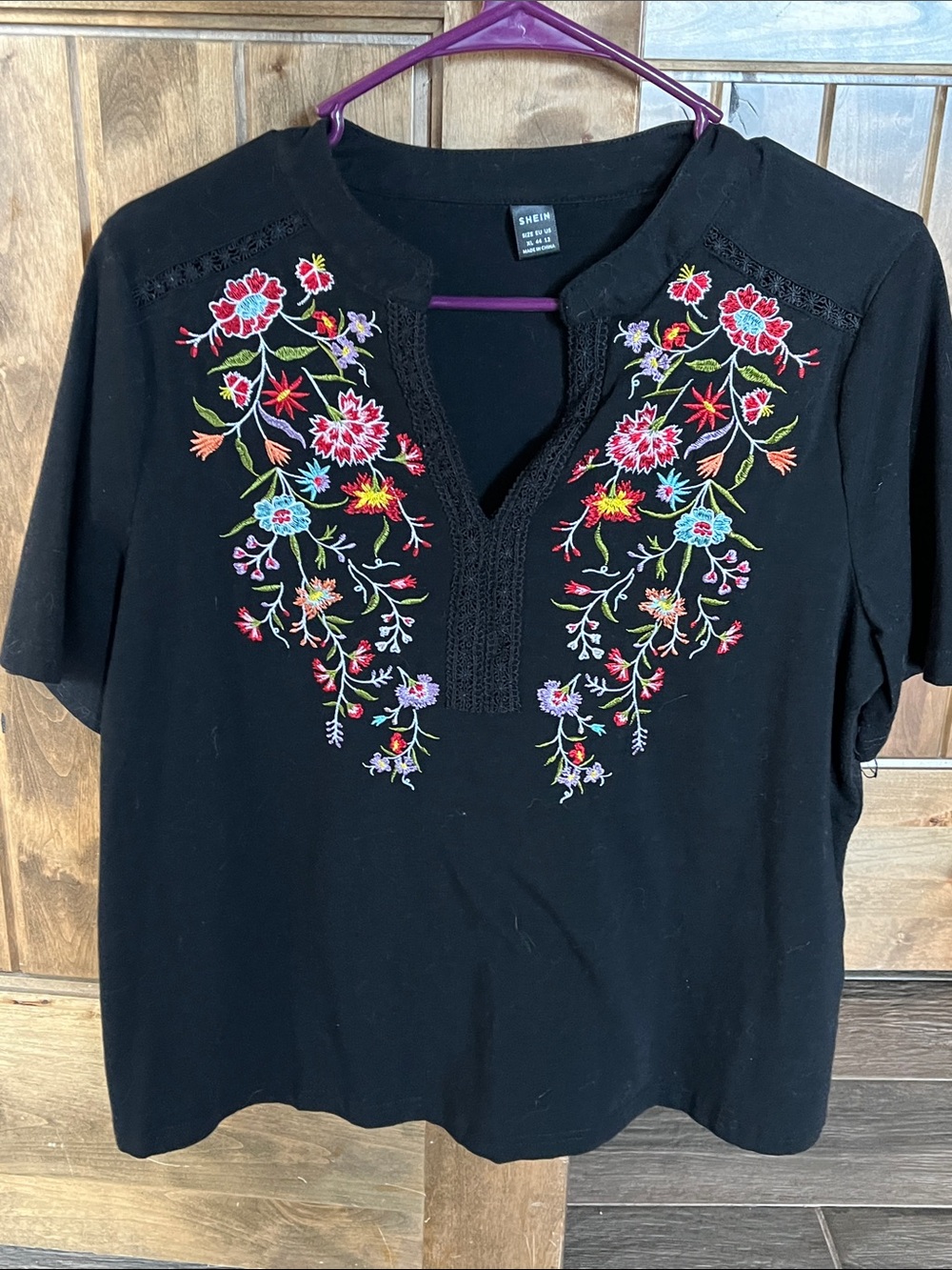 SHEIN Black Short Sleeve Tunic with Multicolor Floral Embroidery